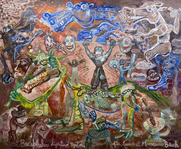 Bucephalus digestive system after lunch at Mamoura Beach 164x200cm 2021 Huile sur toile