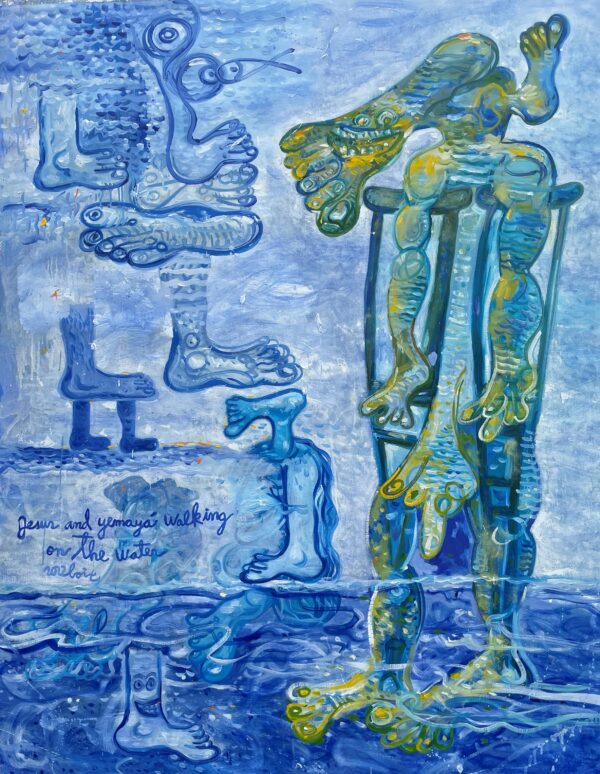 Jesus and Yemaya walking on the water 130x103 cm Huile sur toile 2022