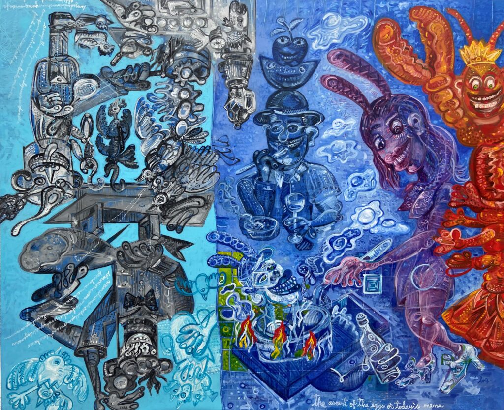 The ascent of the eggs or todays menu 170x206 cm 2022 Huile sur toile