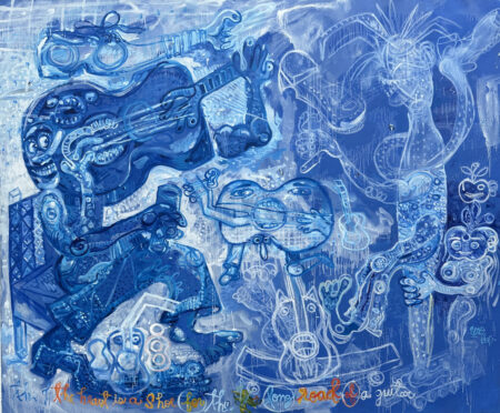 The heart is a shoe for the long road of a guitar 164x200 cm 2023 Oil on canvas
